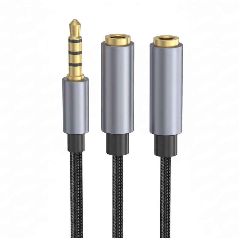 3.5mm audio splitter cable with braided cord and gold-plated connectors