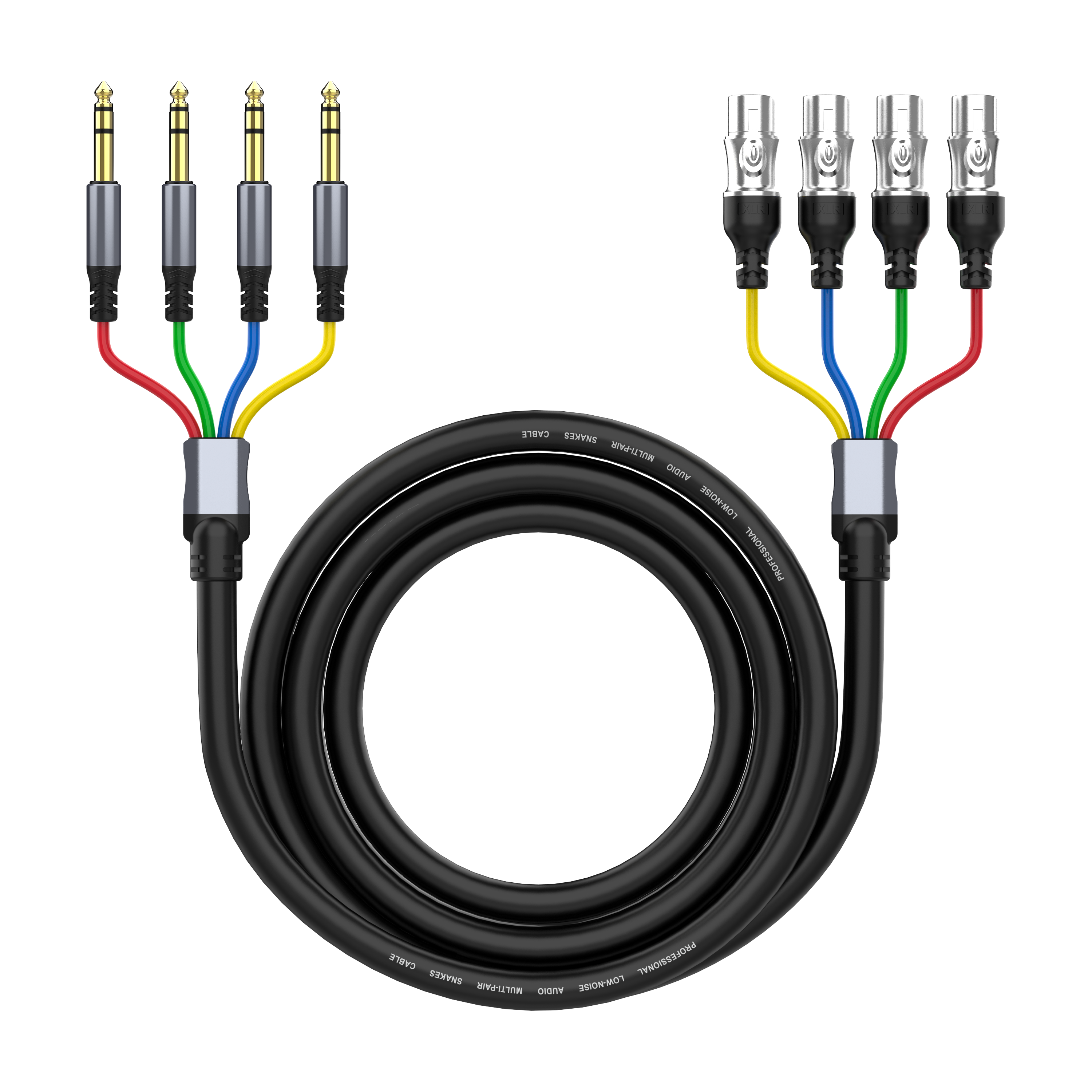 4 channel 6.35mm 1/4 inch TRS male to XLR female snake cable with colour coded fan out for live sound and studio audio routing