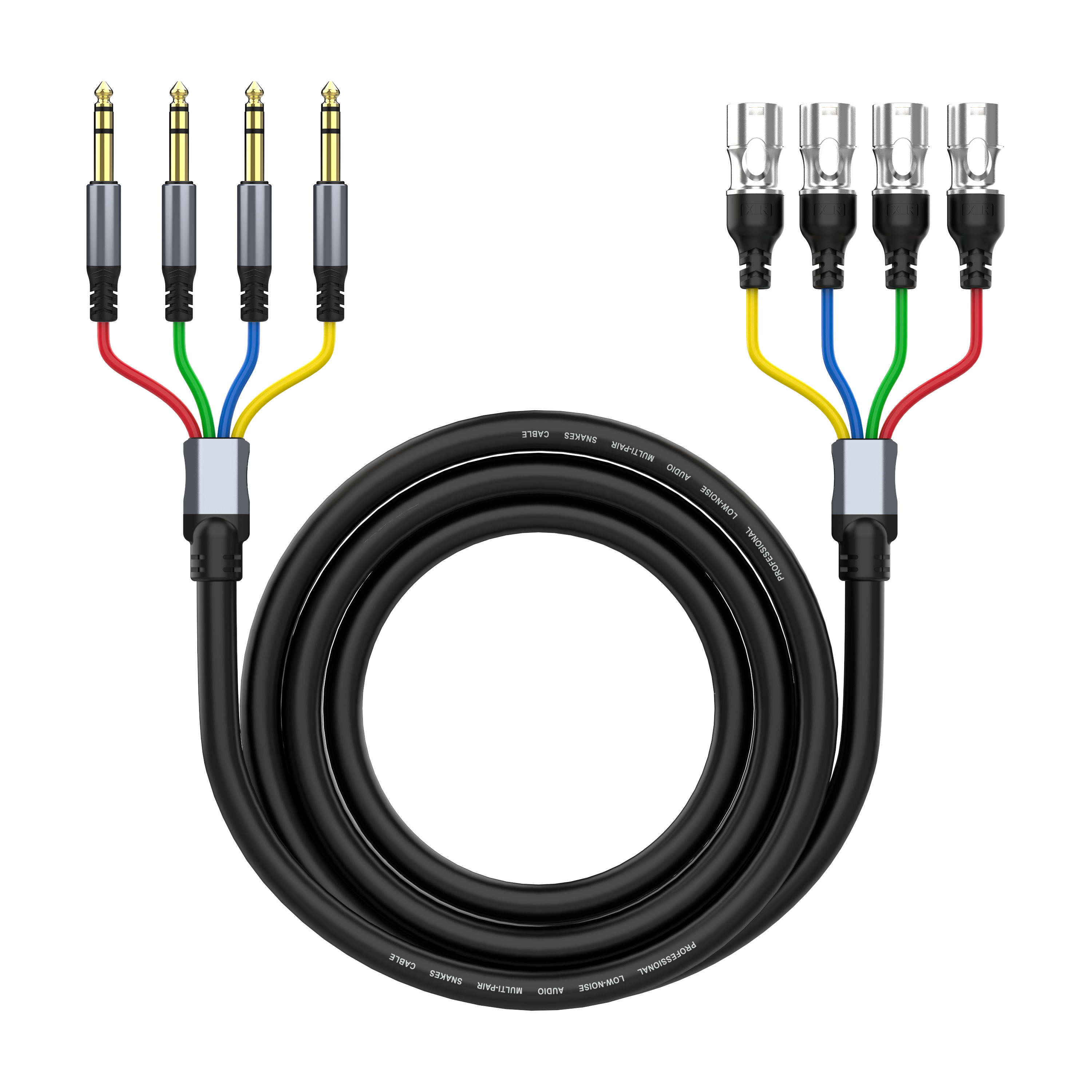 4 channel 1/4 inch TRS to XLR male snake cable with colour coded fan out for live sound and studio audio routing