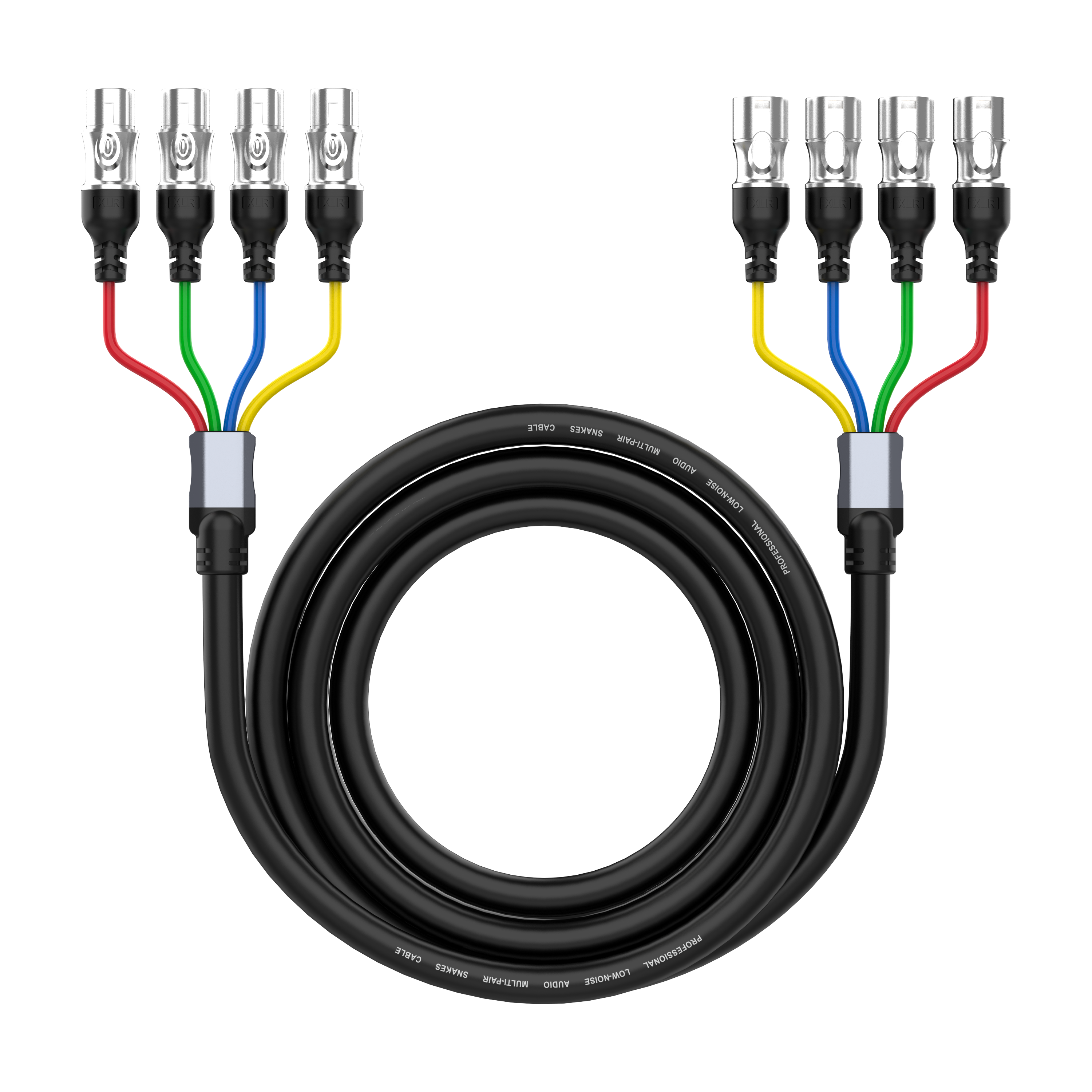 4 channel XLR male to XLR female snake cable with colour coded fan out for professional live sound and studio audio routing