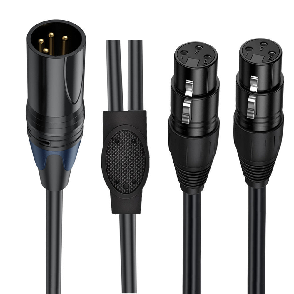 Close-up of 4 pin XLR male and dual 3 pin XLR female connectors with gold-plated pins