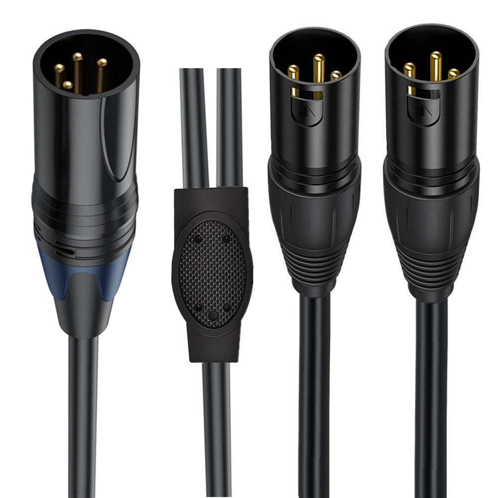 Close-up of 4 pin XLR male and dual 3 pin XLR male connectors with gold-plated pins