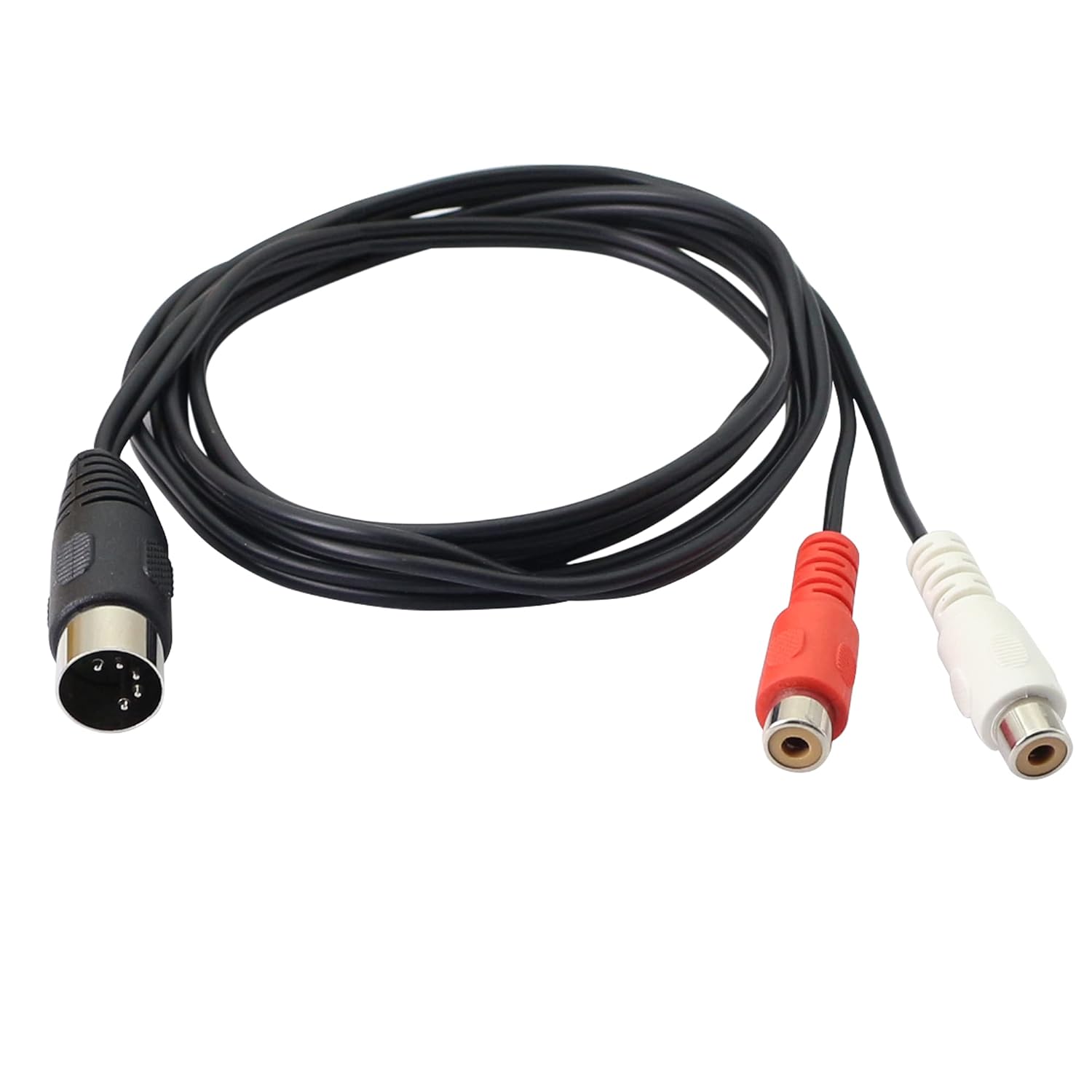 A black 5-pin Din male to dual RCA female audio cable with nickel-plated plugs.