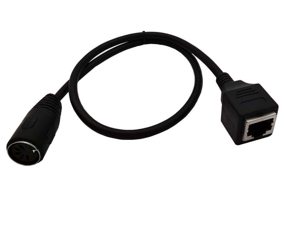 A black 5-pin MIDI din female to RJ45 8P8C female extension cable.