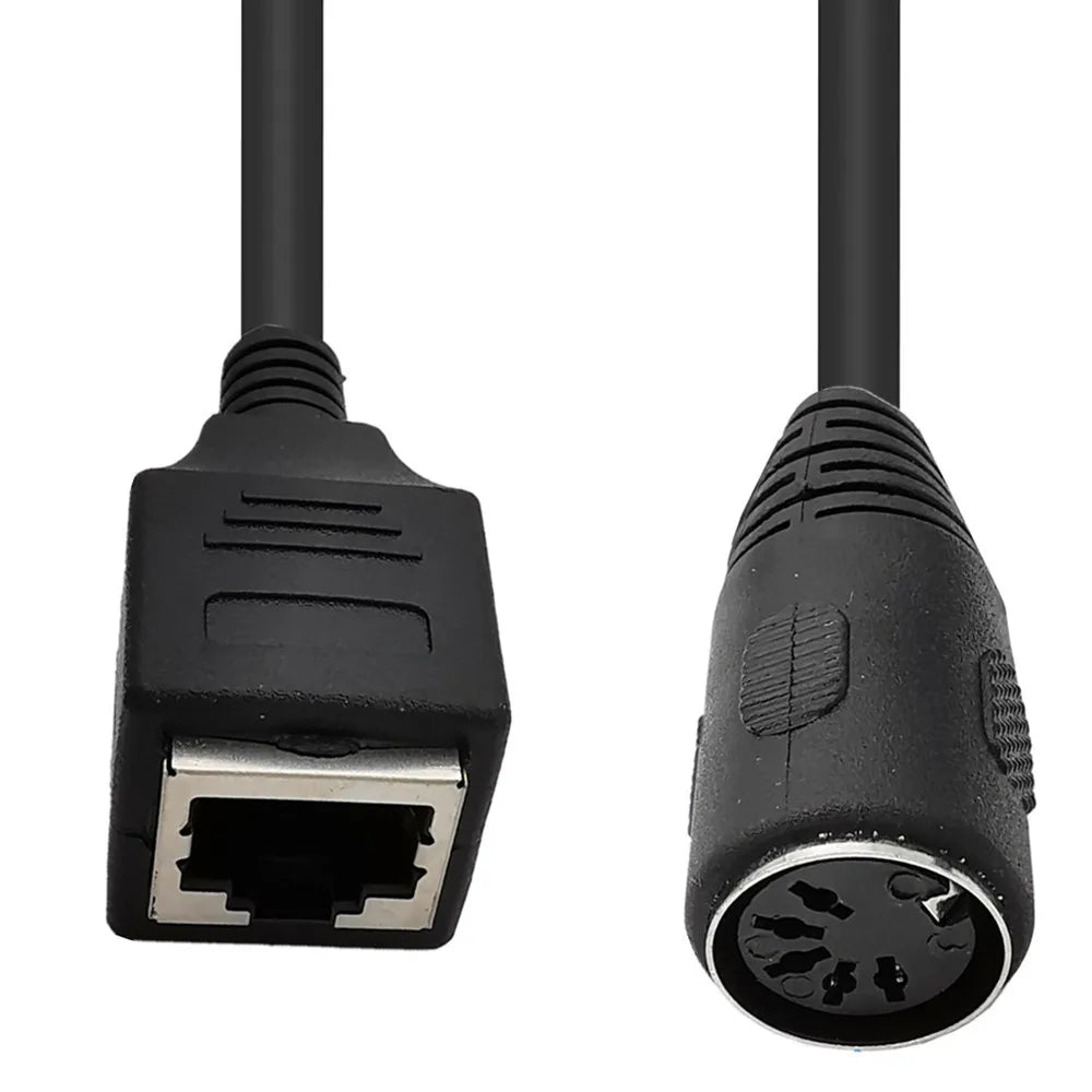 Close-up of 5-pin DIN female connector and RJ45 female socket