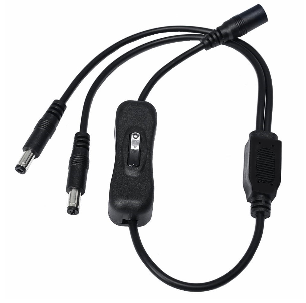Dual DC male connectors with female input close up