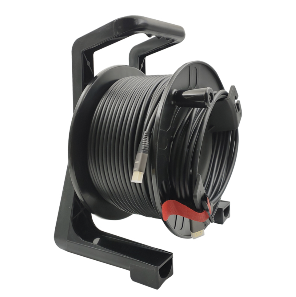 50m armoured 8K HDMI 2.1 active optical cable reel with rugged handle