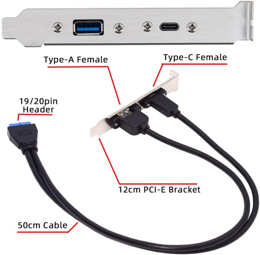 Motherboard 19/20 Pin to USB-C & USB 3.0 Back Panel Adapter Cable – PCI-E Slot Bracket