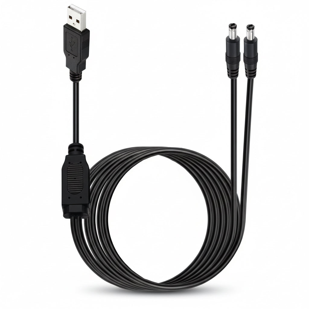 Black USB cable with two power connectors on a white background