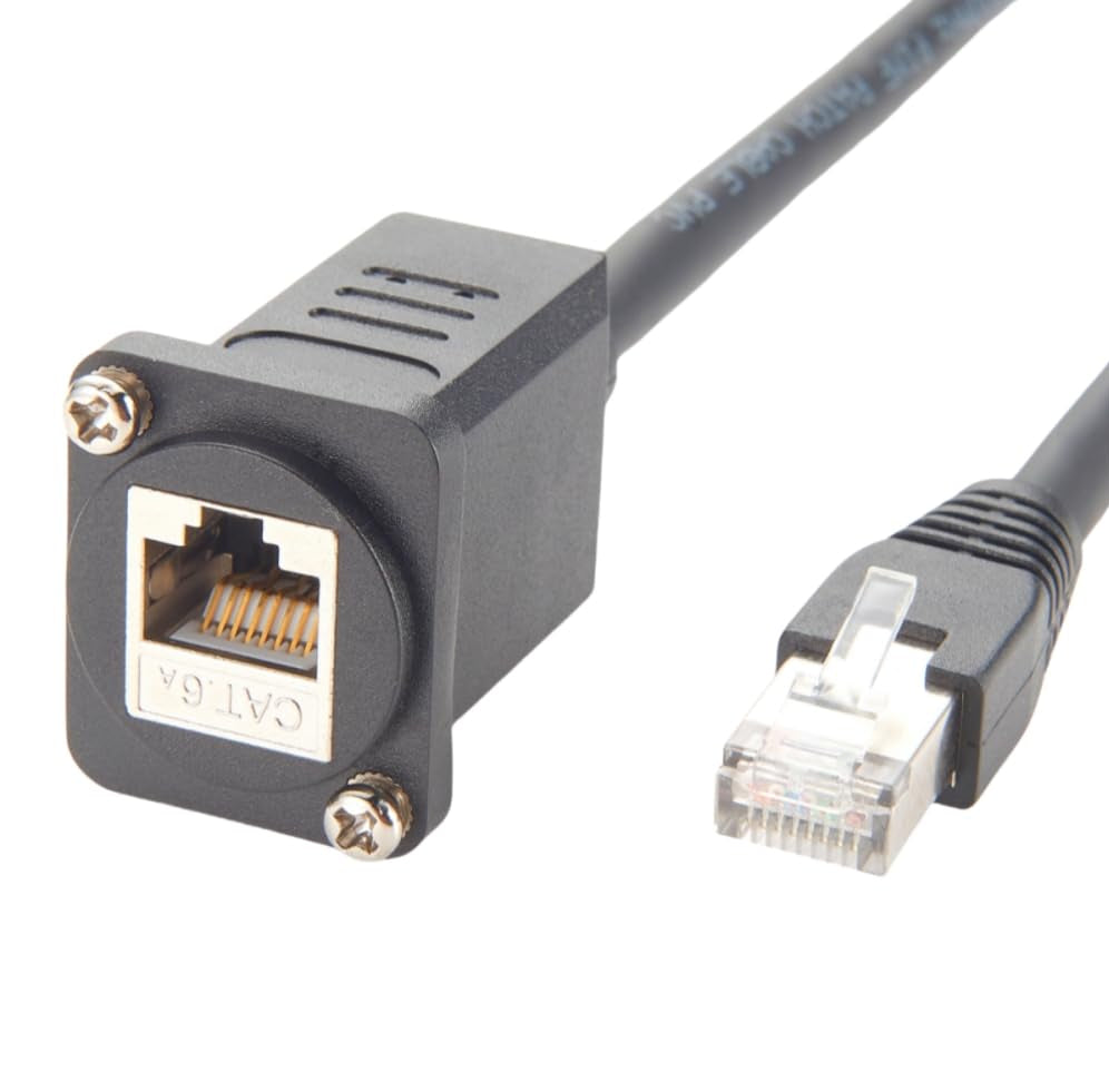 Panel Mount RJ45 Cable, Shielded CAT6A Network Ethernet Male to Female Extension Screw Mount Connector