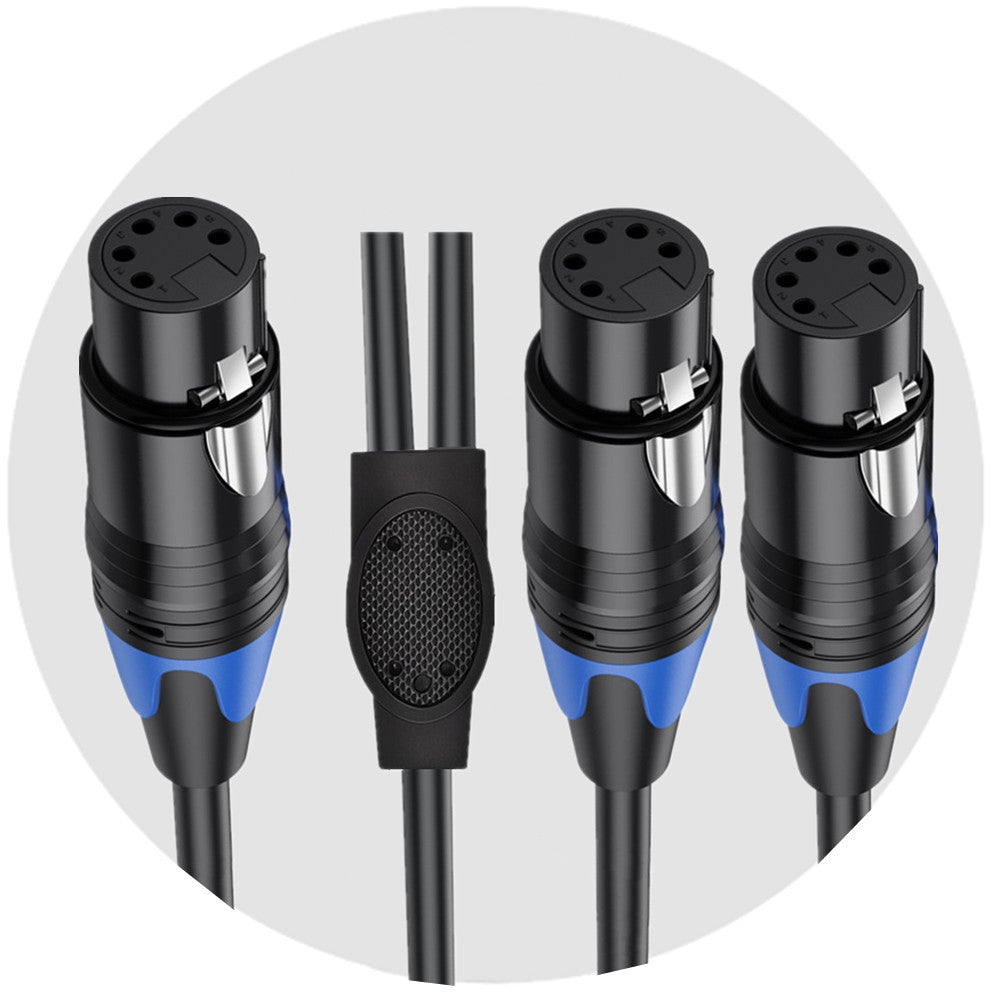 Close-up of 5 pin XLR female connectors with locking mechanism for DMX lighting