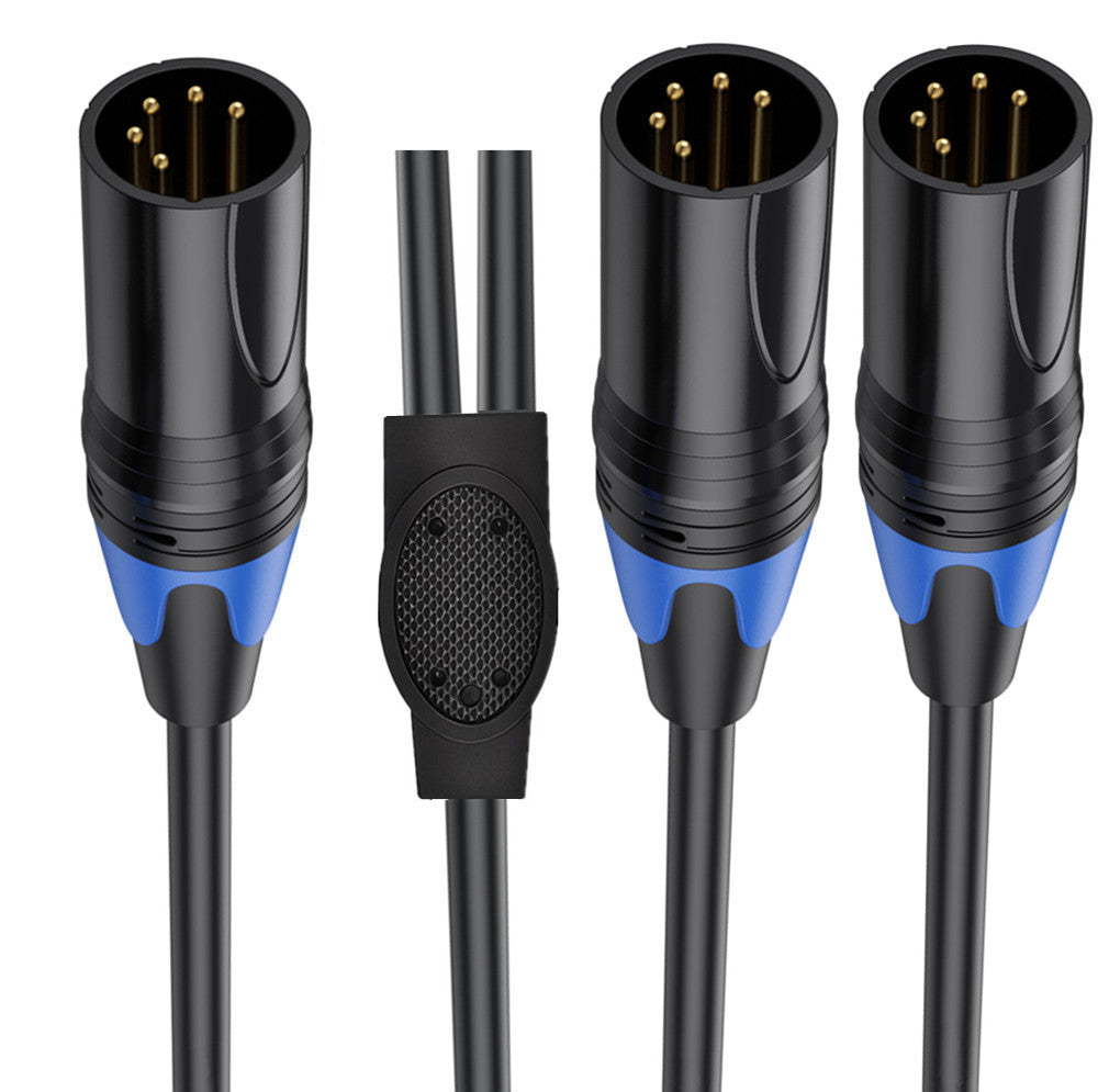 Close-up of 5 pin XLR male connectors with gold pins and locking latch