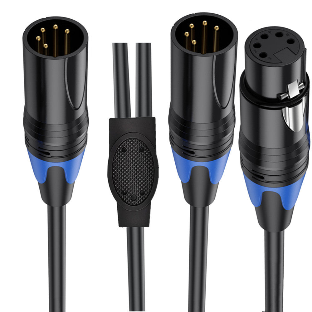 Close-up of 5 pin XLR male and female connectors with locking latch and metal housing