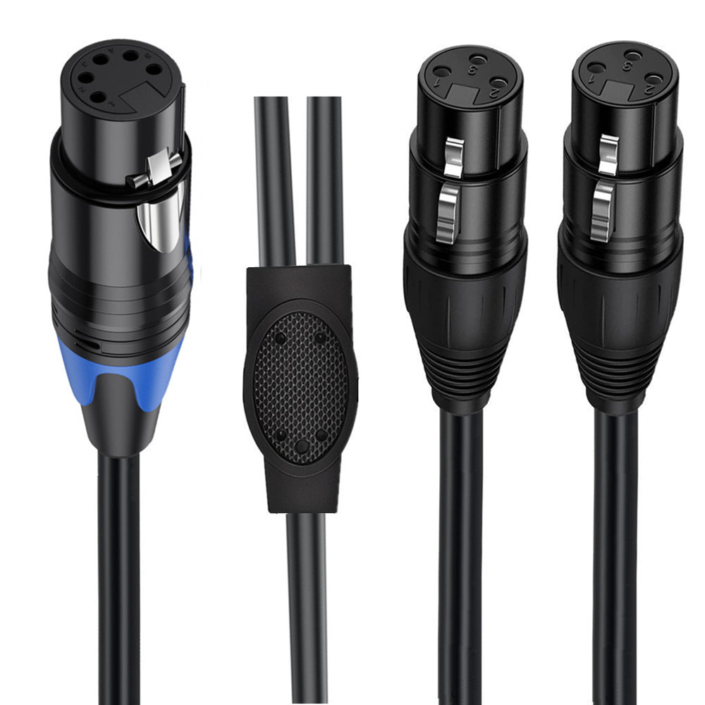 Close-up of 5 pin XLR female and dual 3 pin XLR female connectors with locking mechanism