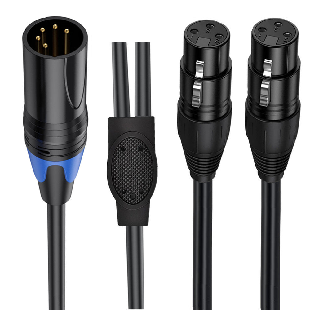 Close-up of 5 pin XLR male and dual 3 pin XLR female connectors with locking latch