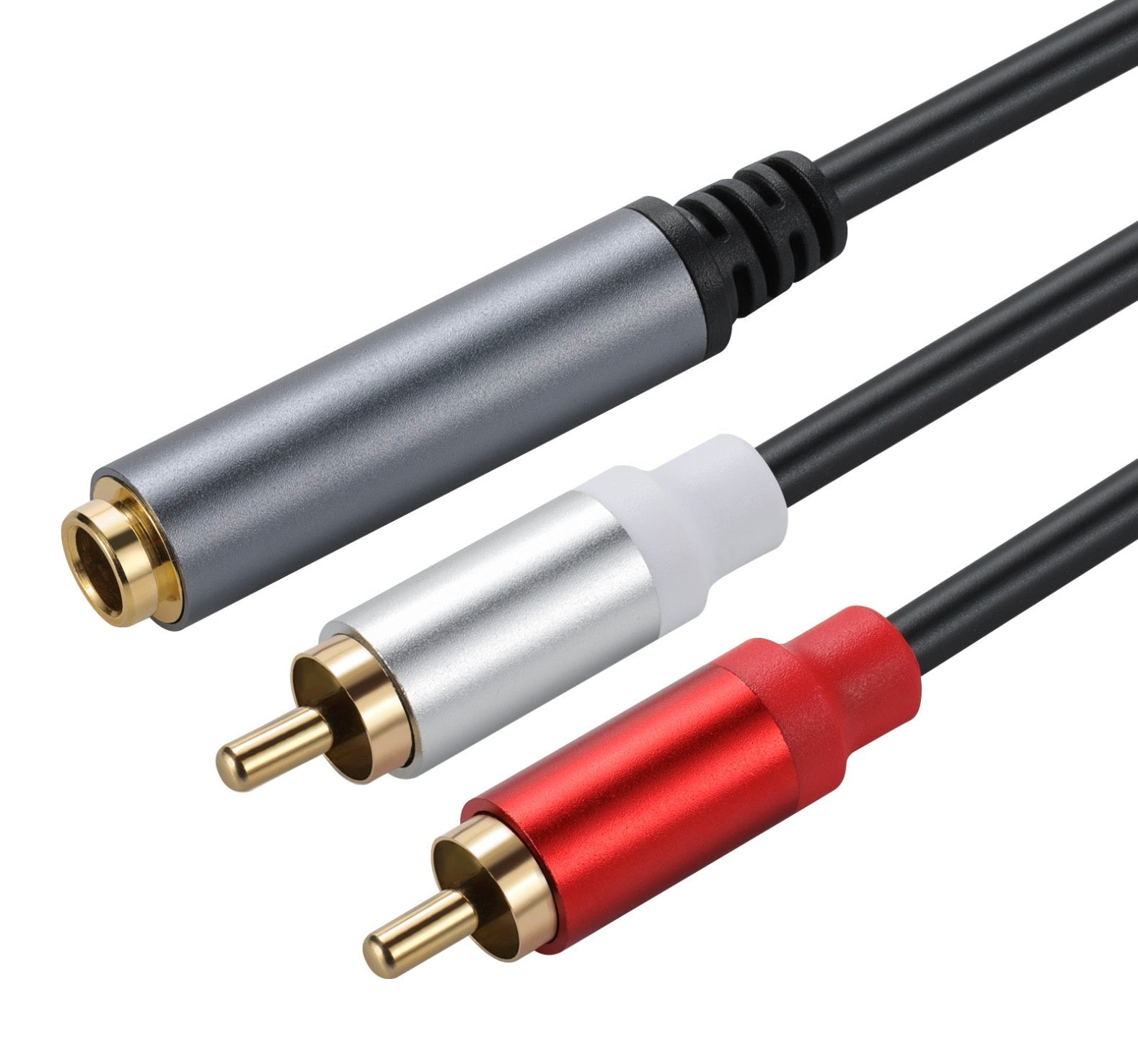 Close-up of 6.35mm female stereo jack and dual RCA phono male audio connectors