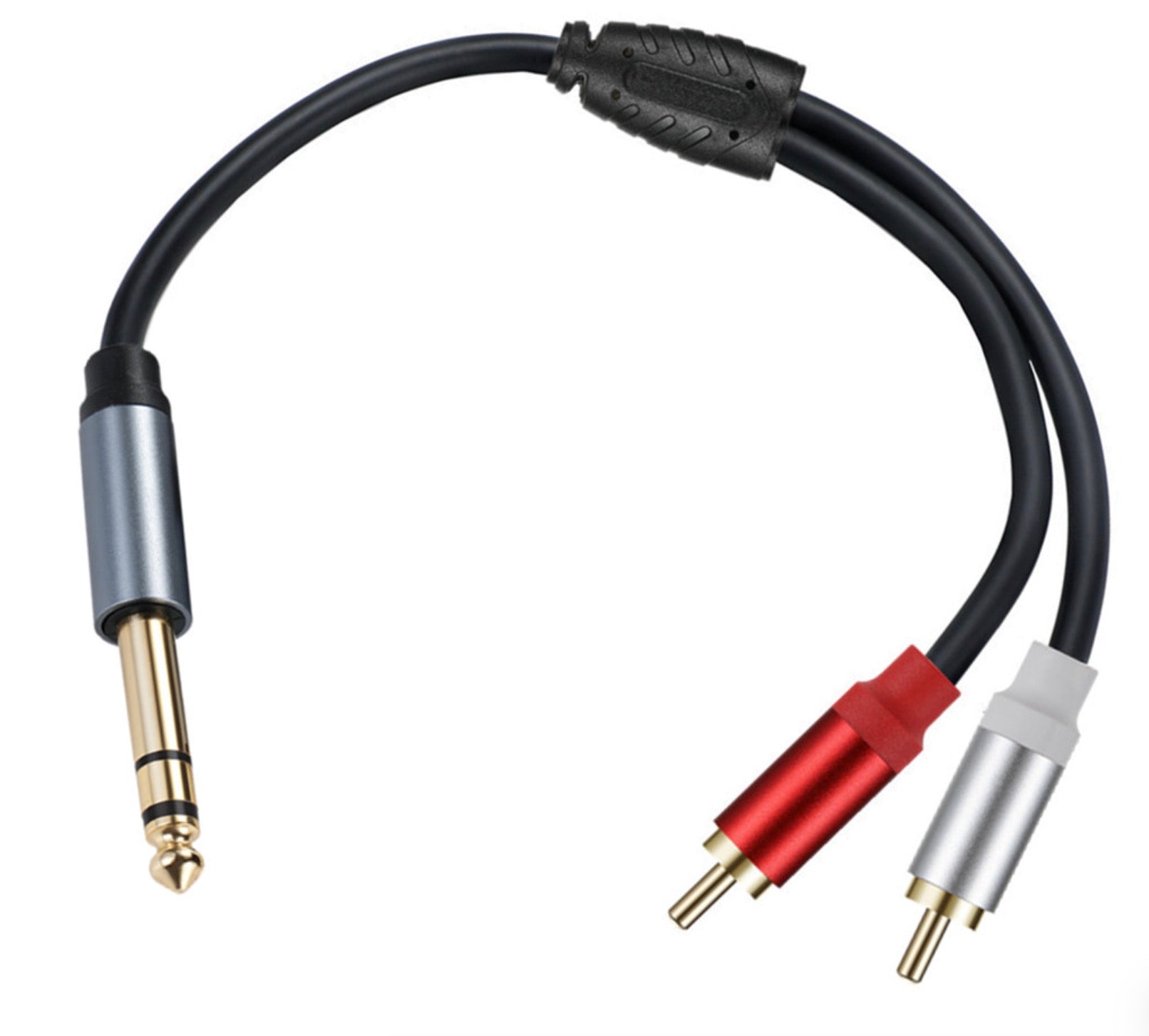 6.35mm male stereo jack to dual RCA male audio splitter cable showing complete cable assembly