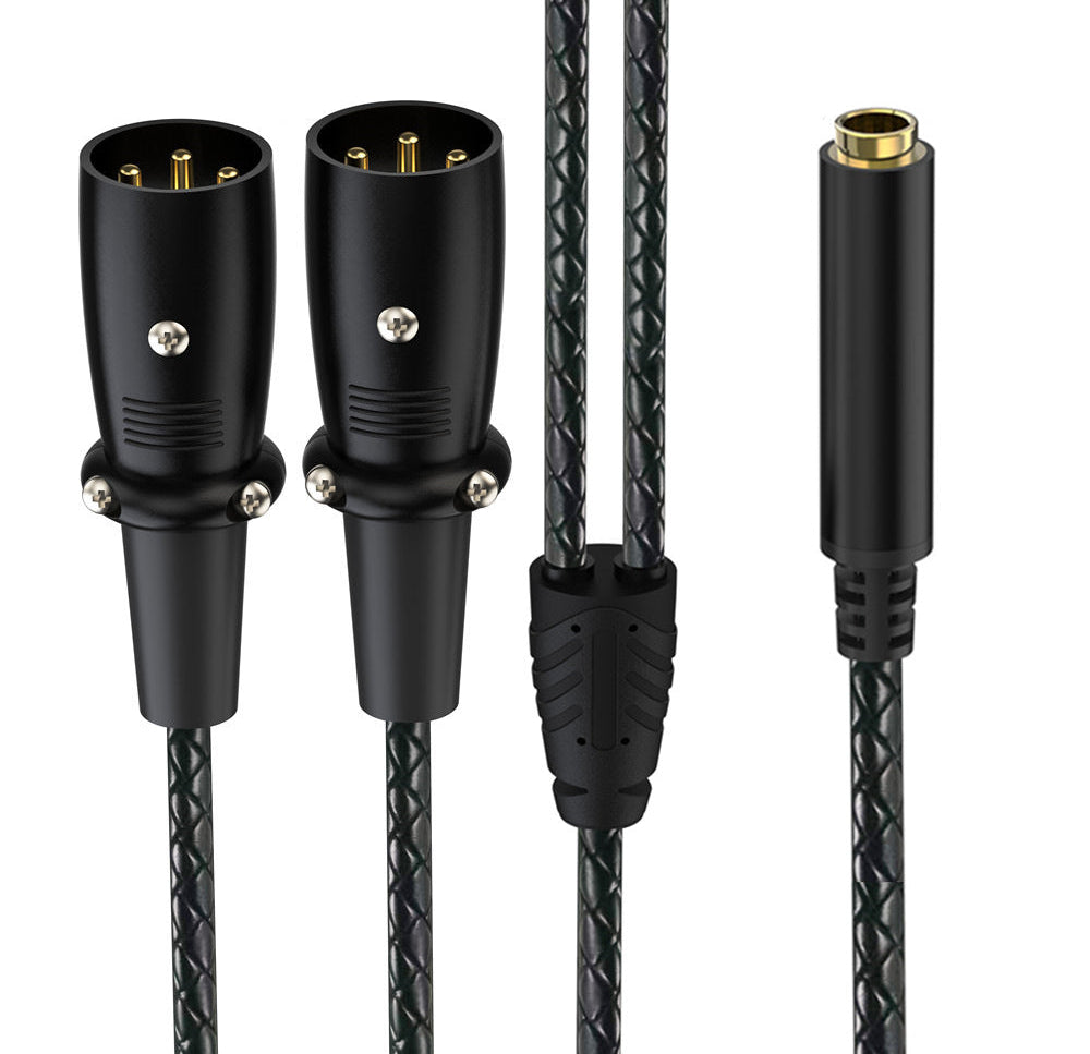 Black audio cable with XLR connectors and a gold-plated TRS connector, shown on a white background.