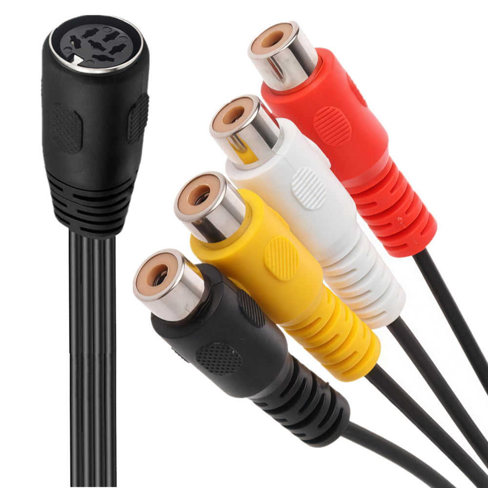 Close-up of 6-pin DIN female socket and four colour-coded RCA female connectors