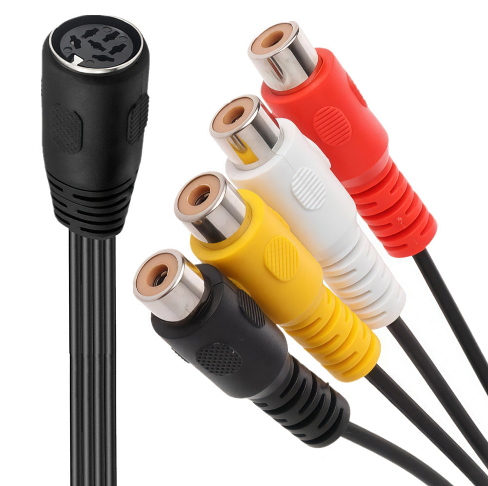 Close-up of 6-pin DIN female socket and four colour-coded RCA female connectors