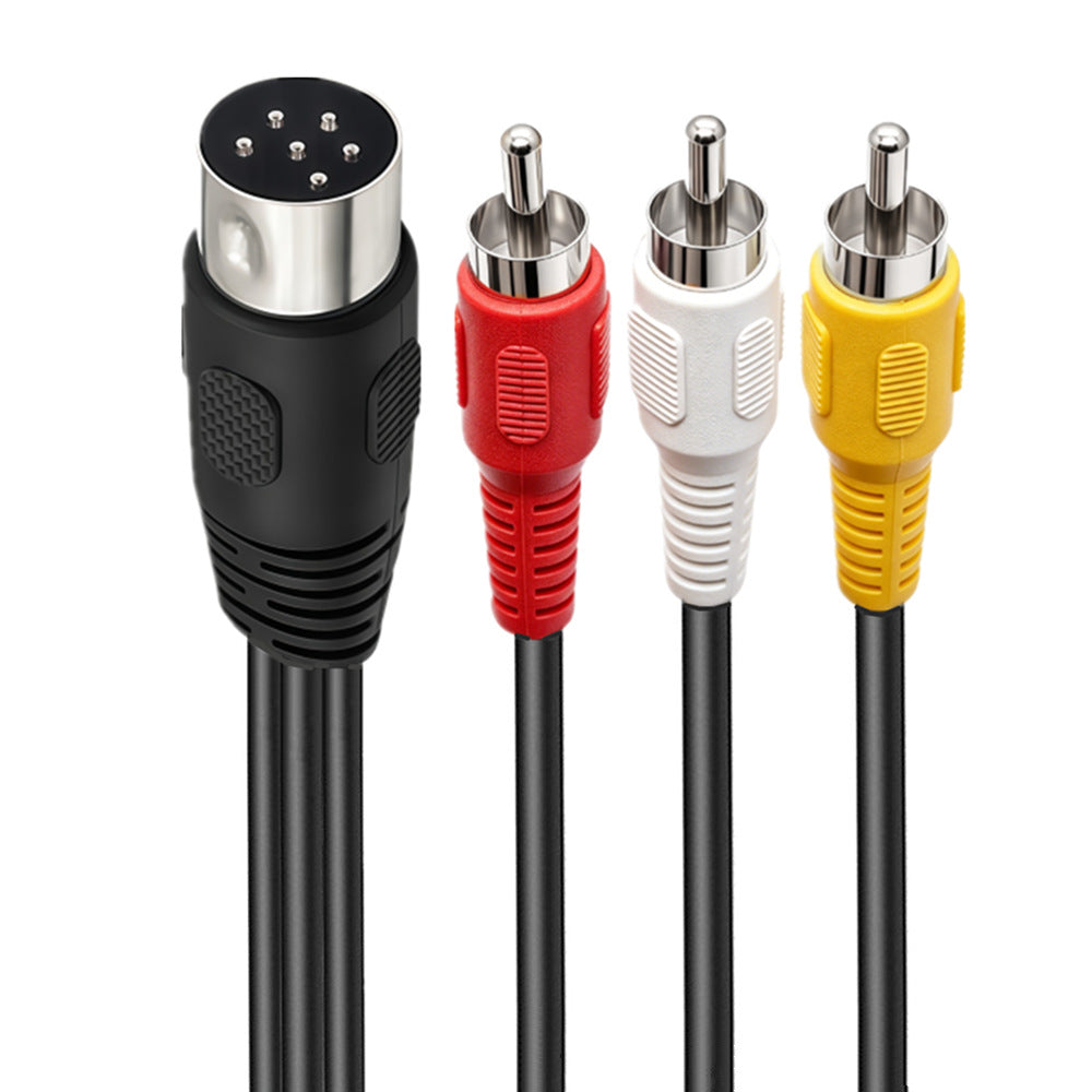 6-pin DIN male to 3 RCA male composite video and stereo audio cable