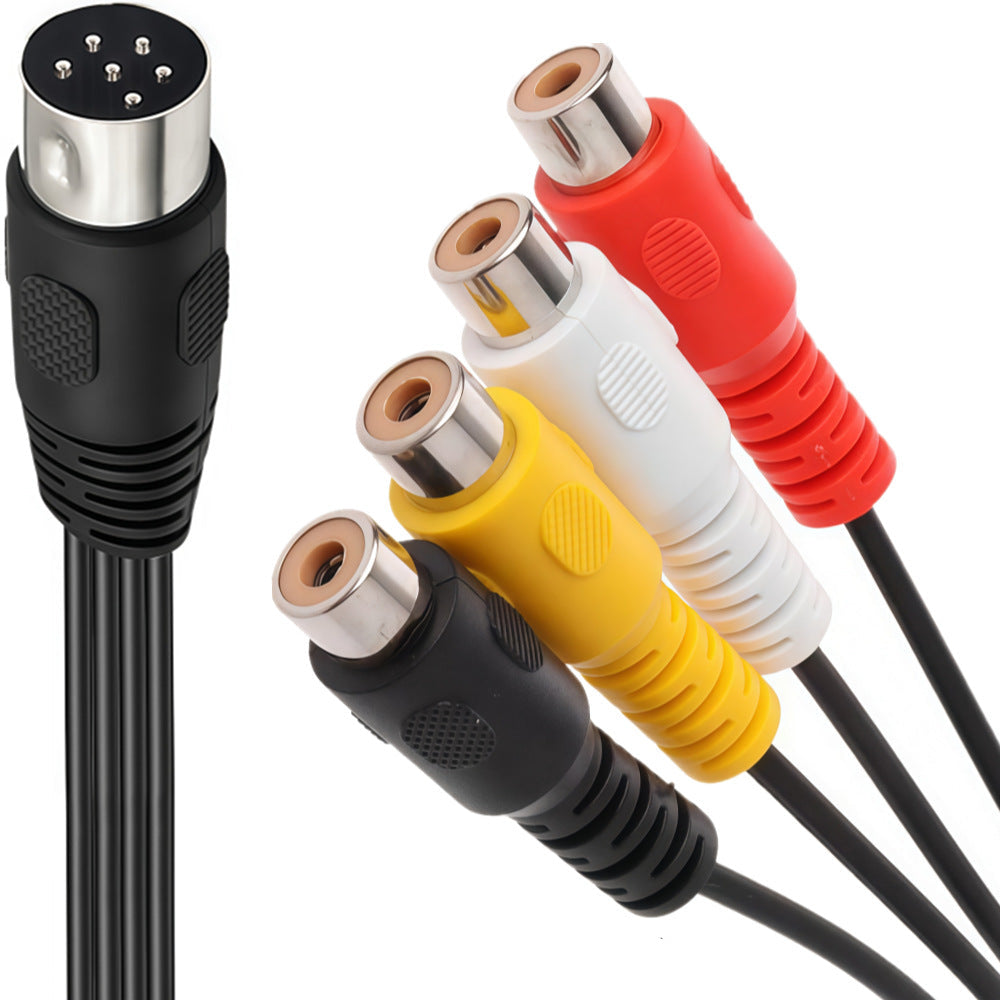 Close-up of 6-pin DIN male plug and four colour-coded RCA female sockets