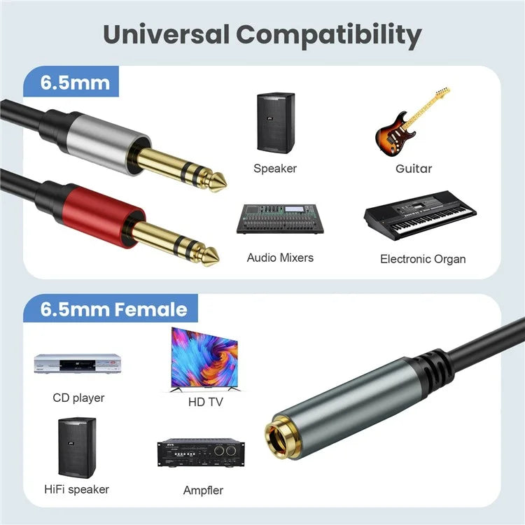 6.35mm Female Jack to 2 x 1/4" Male Plug Stereo Audio Adapter Y Splitter Speaker Cable