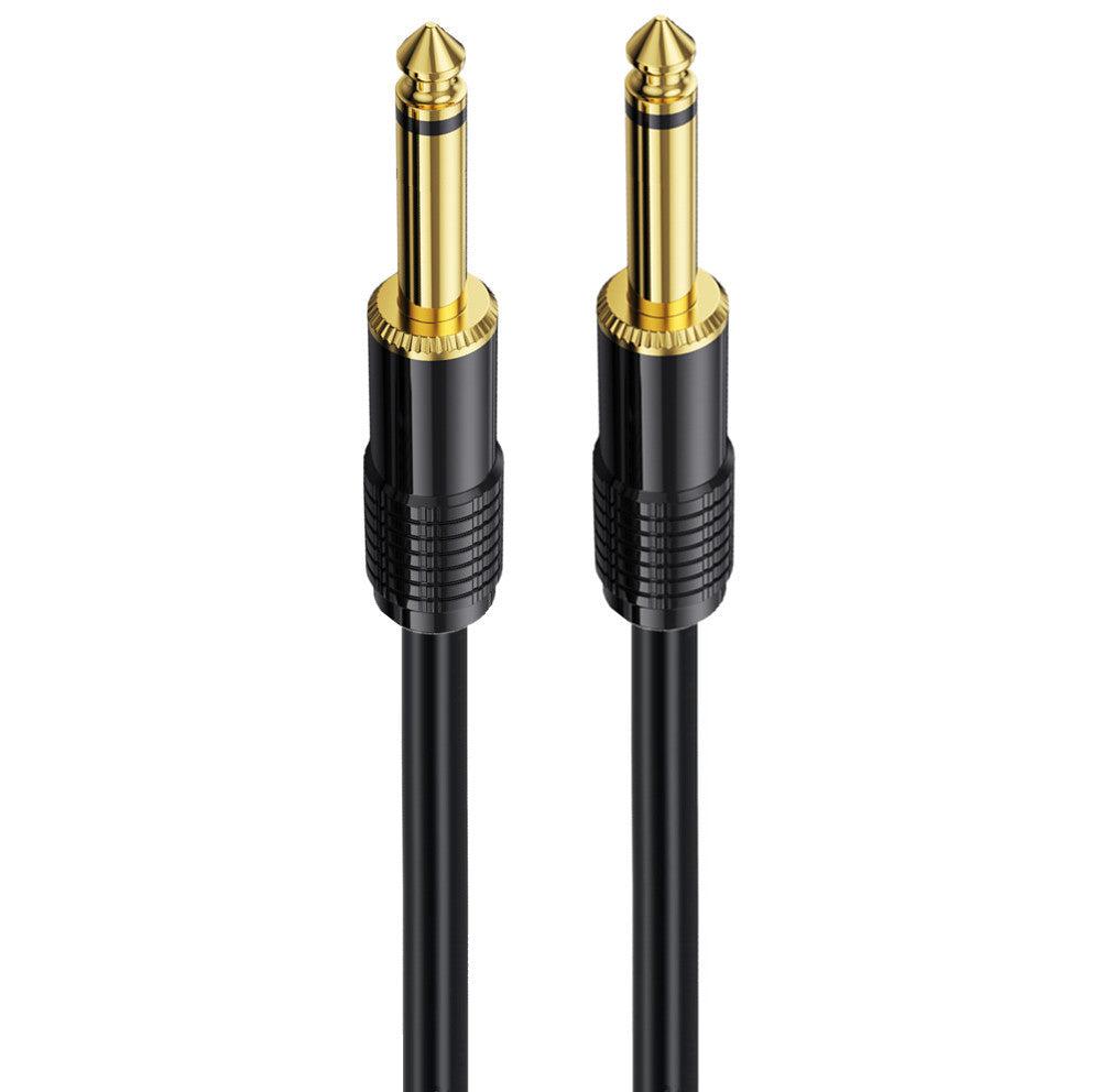 A black 6.35mm to 6.35mm TS stereo audio guitar instrument cable with 1/4" connectors and a gold-plated connector tip.