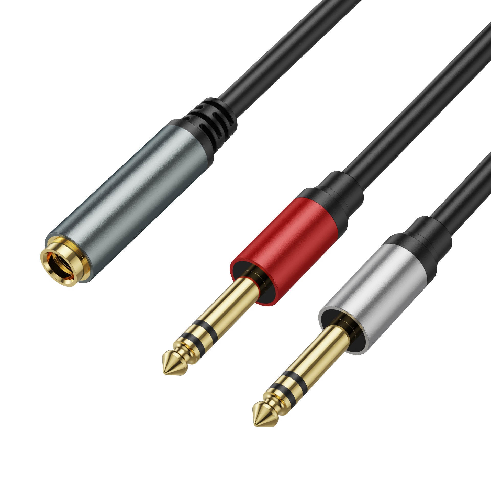 The image shows a set of three stereo audio adapters with 6.35mm female jacks and dual 1/4" male plugs.