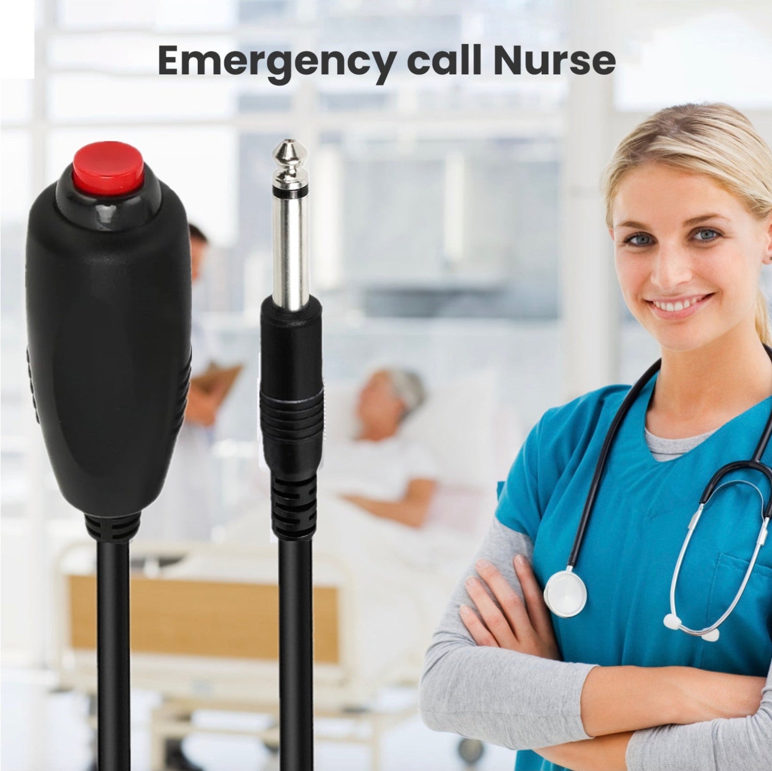 Medical device with red button and cable, nurse in background