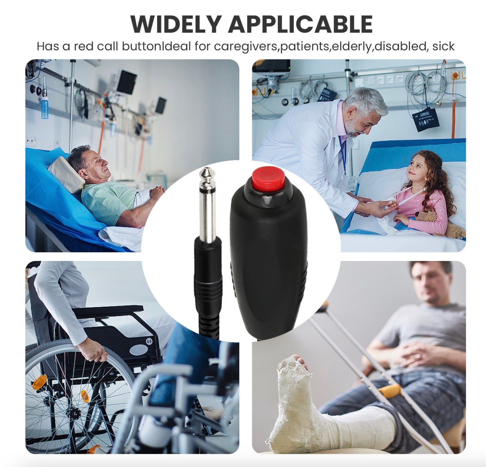 Black and red button device with caregiving scenarios including a patient in a hospital bed, a doctor with a child, and a person in a wheelchair.