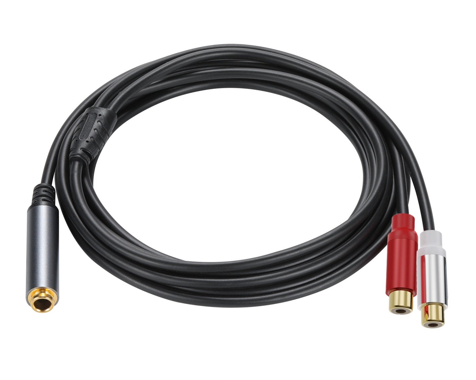 A black 6.35mm 1/4" female to dual RCA female audio extension cable with 24K gold-plated connectors.