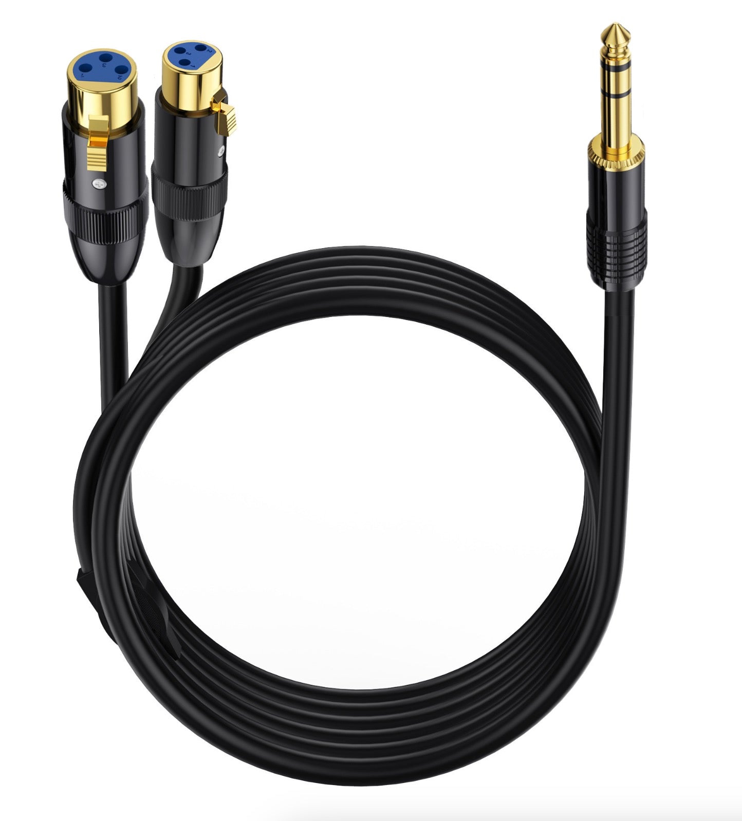 A black stereo unbalanced interconnect audio cable with a 6.35mm TRS male plug on one end and dual XLR 3-pin female connectors on the other.