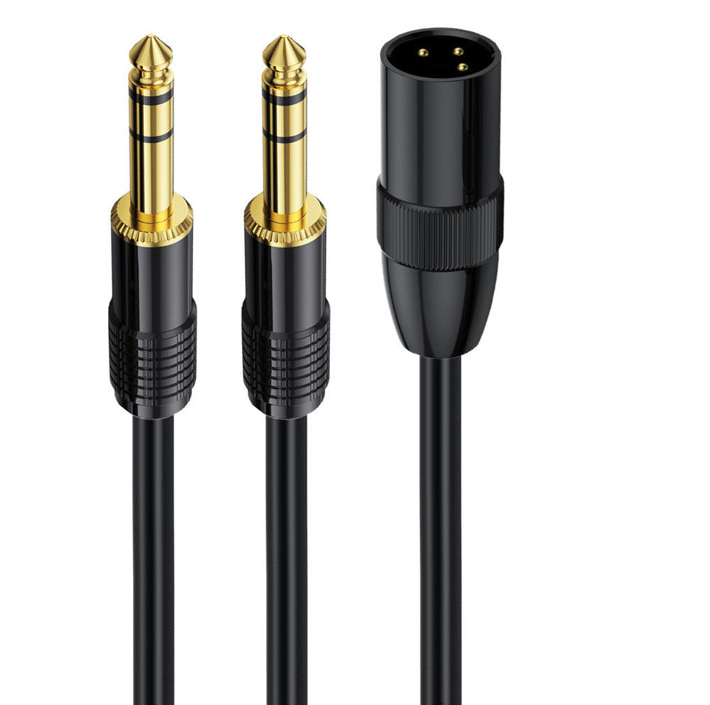 A black XLR male to dual 6.35mm 1/4'' TRS male microphone stereo unbalanced audio converter cable with gold-plated connectors.