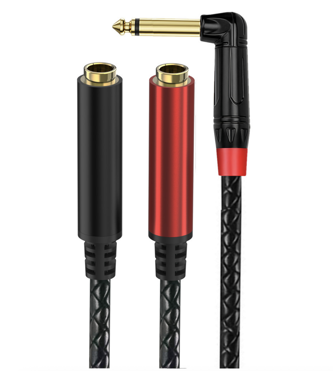 Audio cable with black and red connectors on a white background