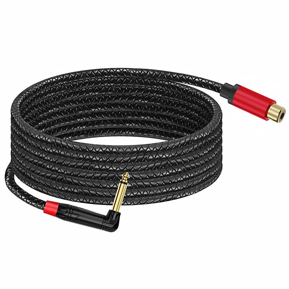 Black braided audio cable with red and gold connectors on a white background