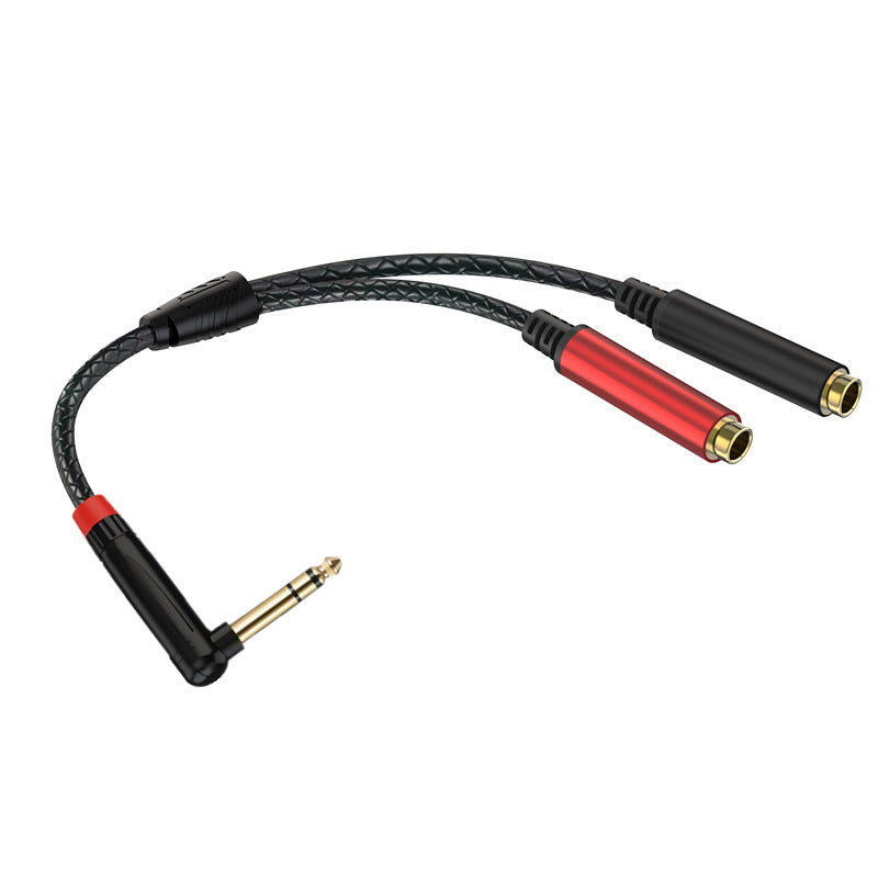 Audio cable with a 90-degree bend, featuring a gold plug and red and black connectors on a white background.