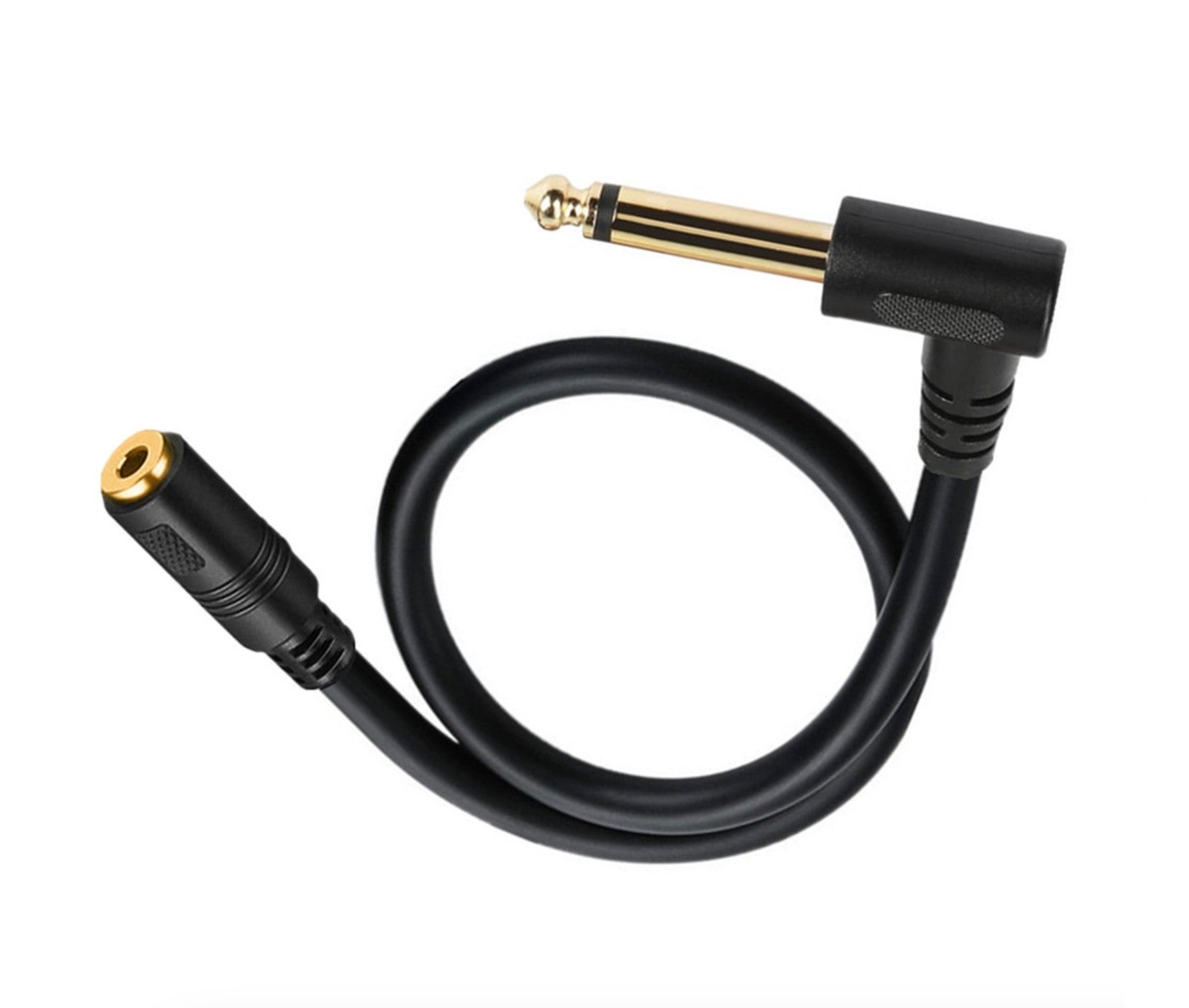 Black audio cable with angled plug on a white background