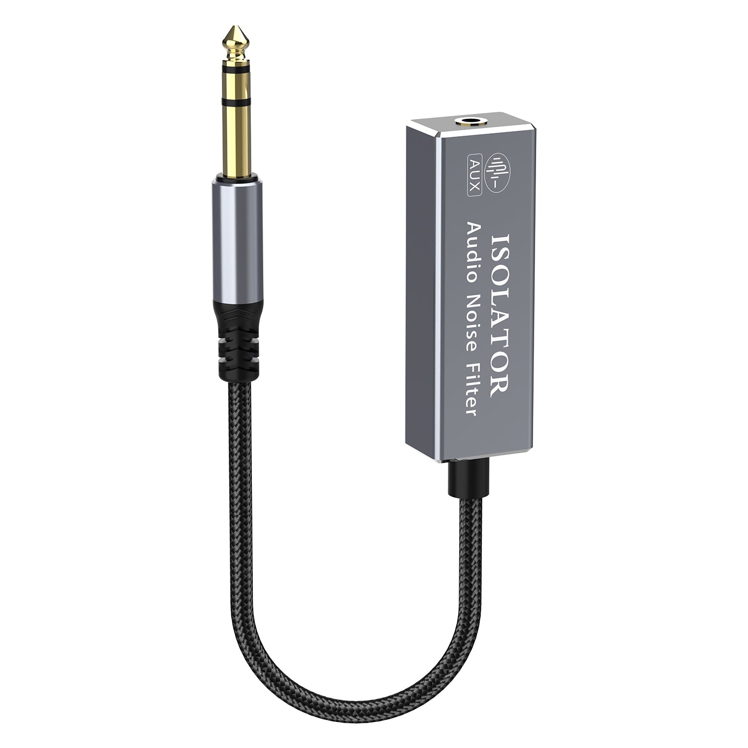 A ground loop isolator with a 6.35mm 1/4" TRS male connector on one end and a 3.