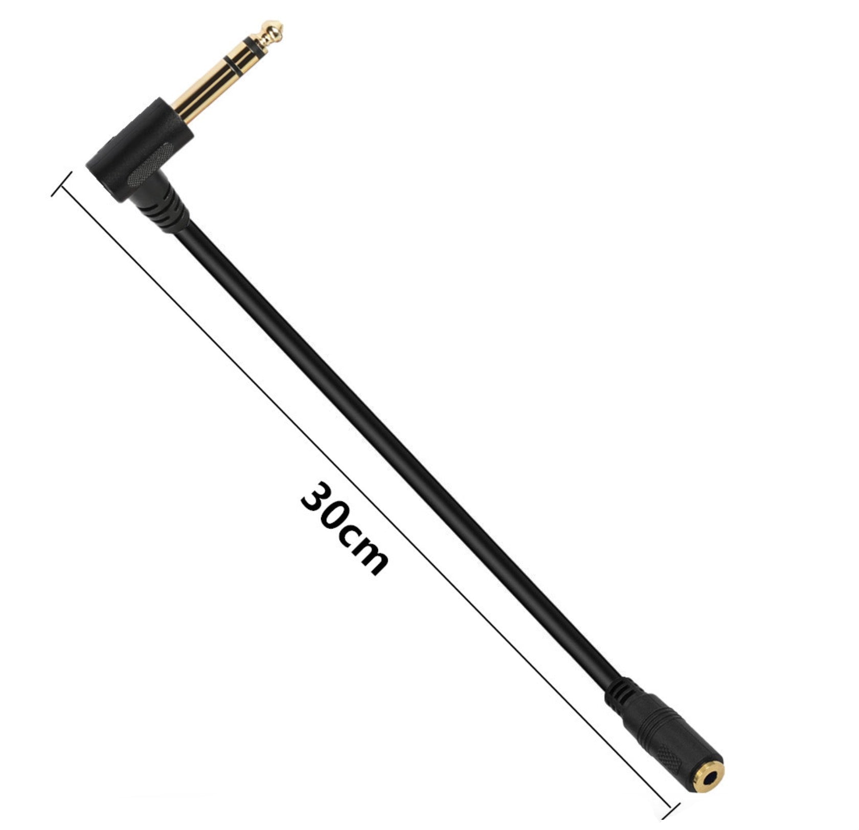 Black audio cable with 30cm measurement on a white background