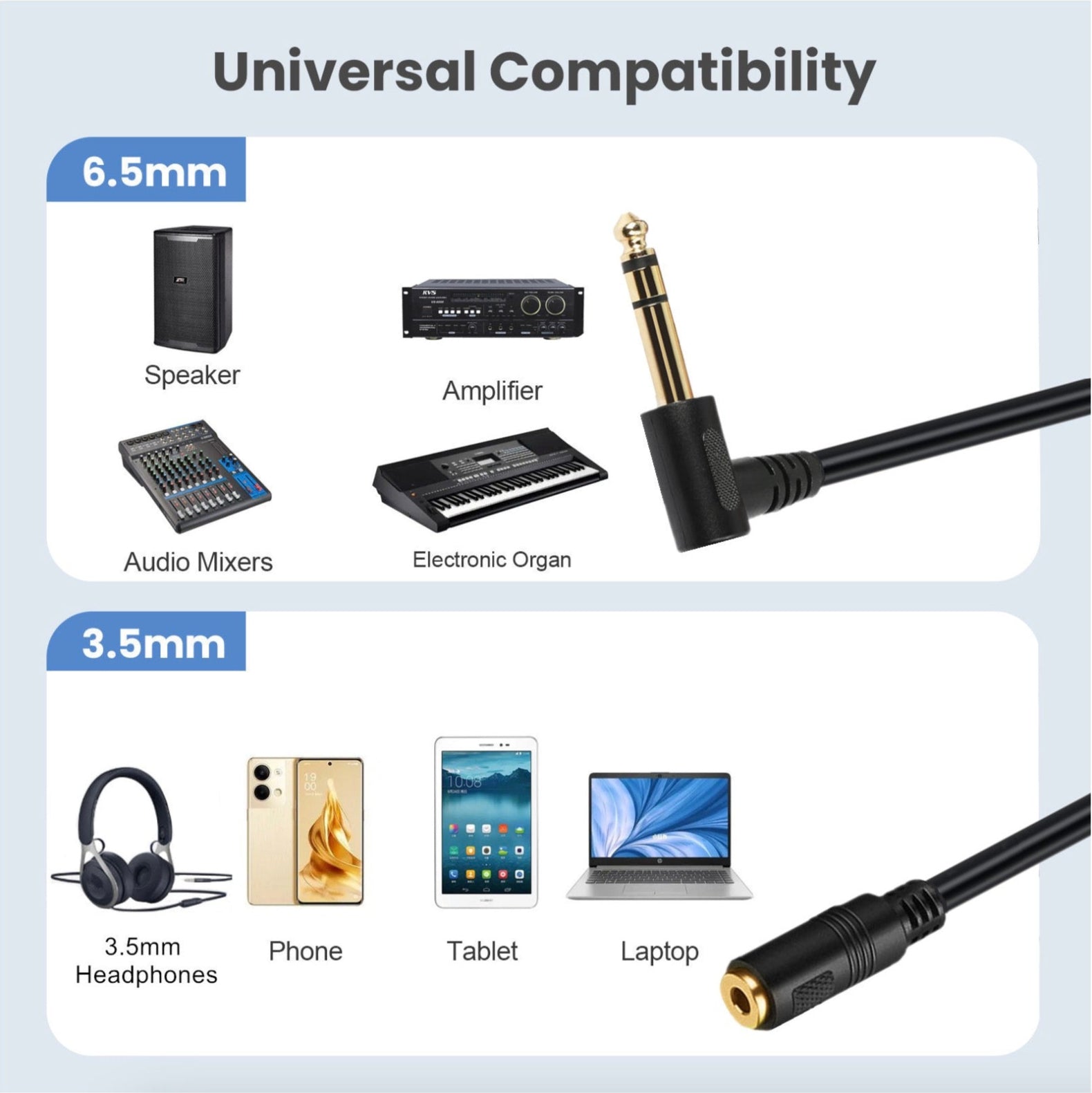 Diagram showing 6.5mm and 3.5mm audio cable compatibility with various devices.