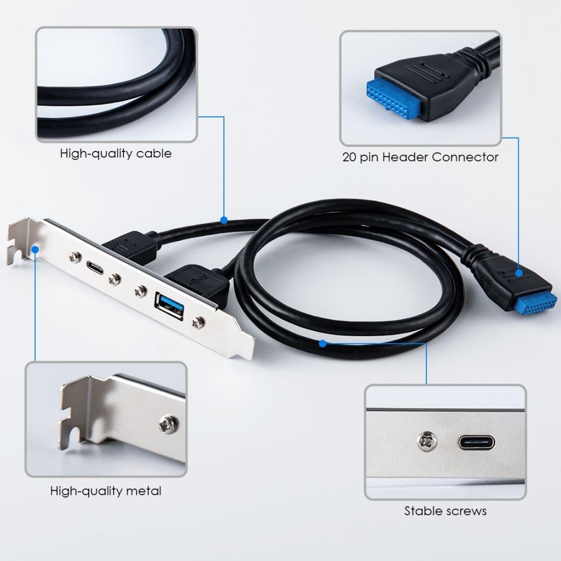 Motherboard 19/20 Pin to USB-C & USB 3.0 Back Panel Adapter Cable – PCI-E Slot Bracket