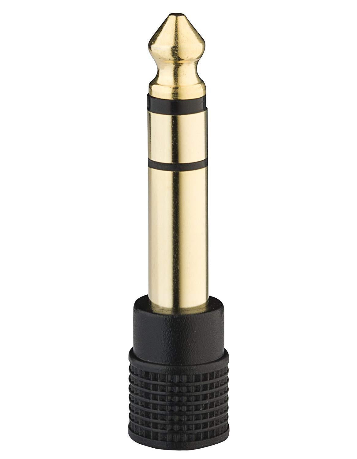 Gold and black audio plug on a white background