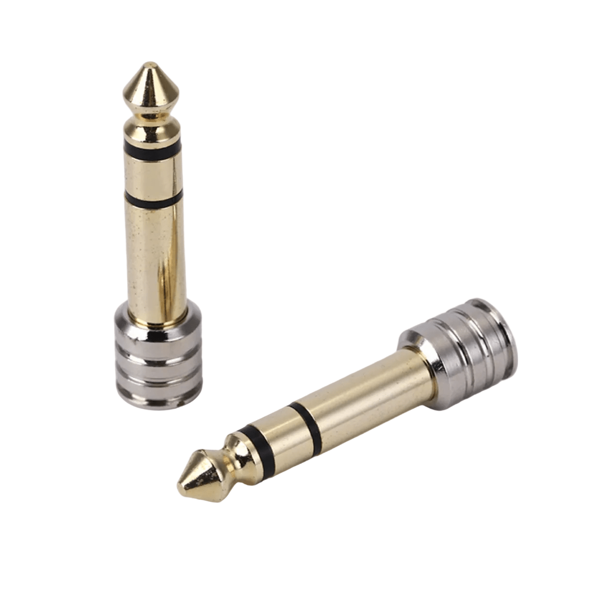 Two metallic connectors, one gold and silver, the other gold and black, on a light gray background.