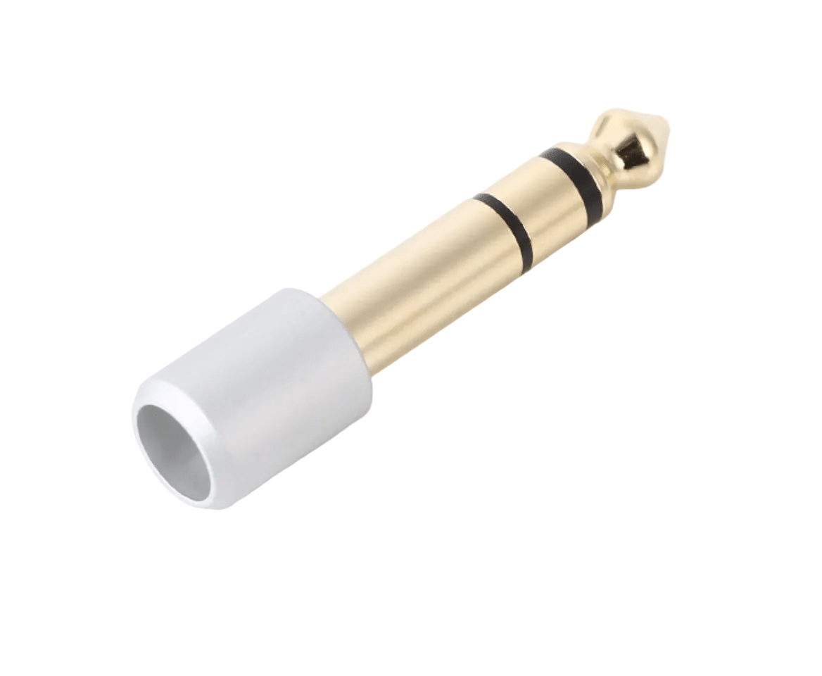 White and gold audio adapter on a white background