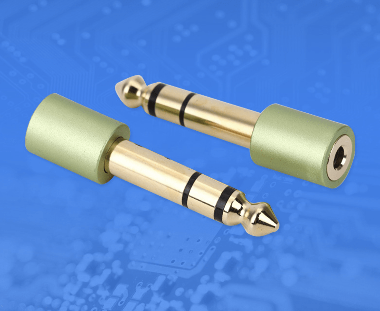 Gold audio plug on a blue circuit board background