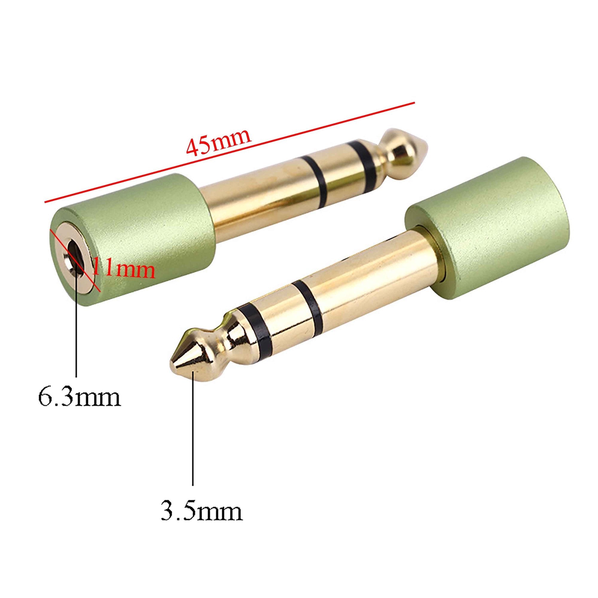 Two gold audio connectors with measurements on a white background