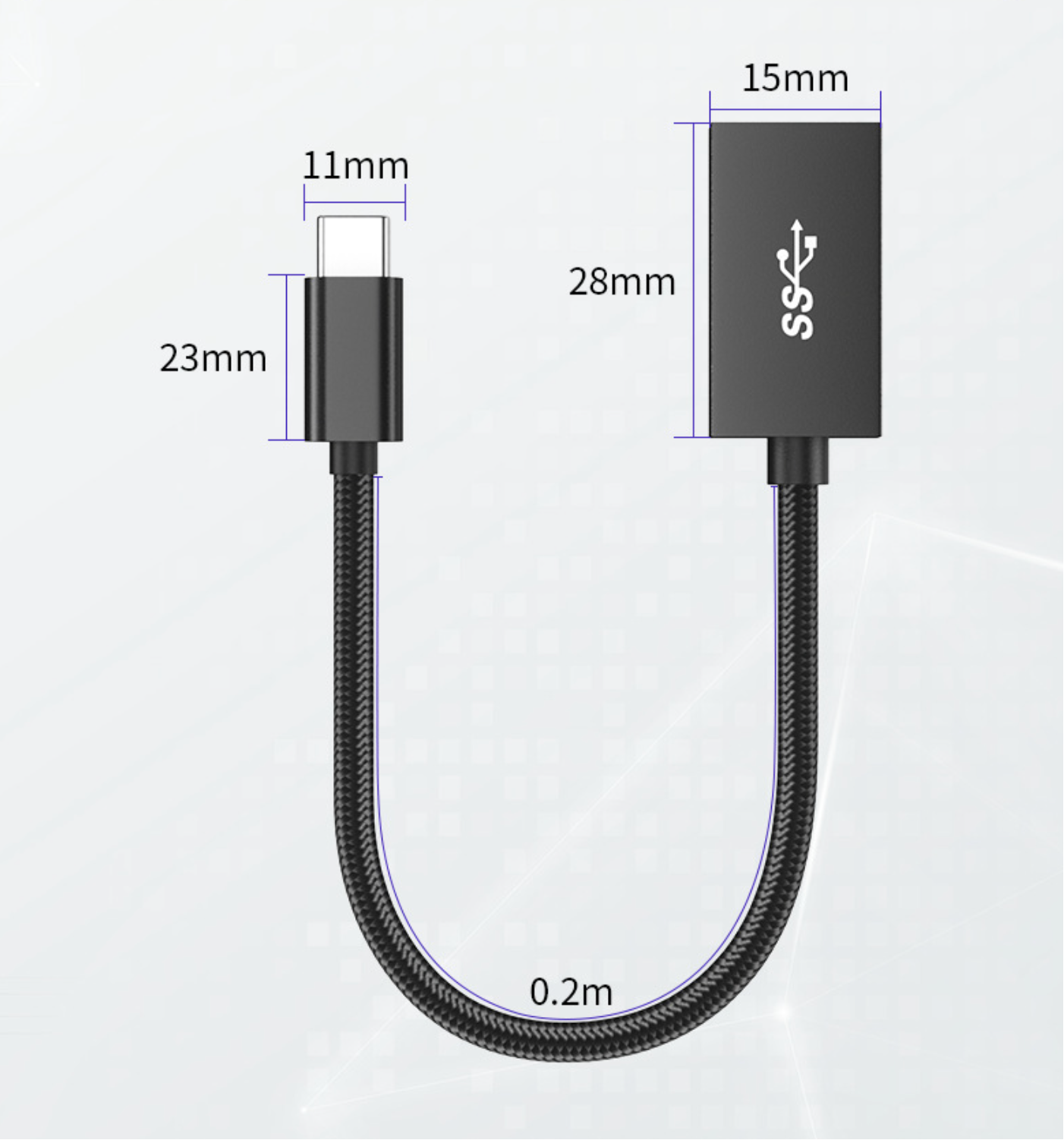 Measurement details of a USB cable and adapter on a white background