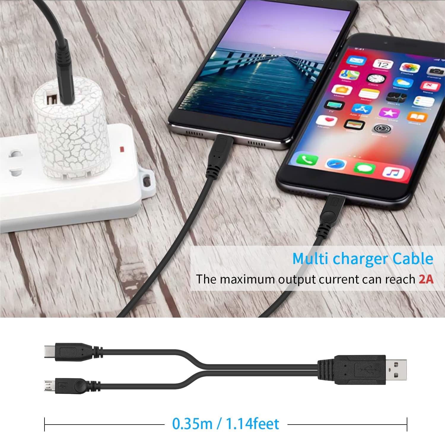 USB 2.0 A Male to Type C & Micro USB Charging Splitter Cable