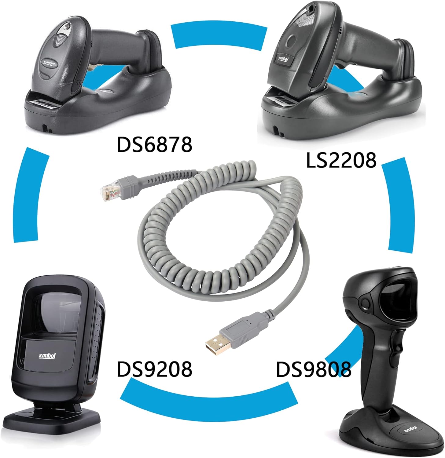 USB to RJ45 Barcode Scanner Coiled Cable Compatible for Motorola Symbol Zebra SL2208